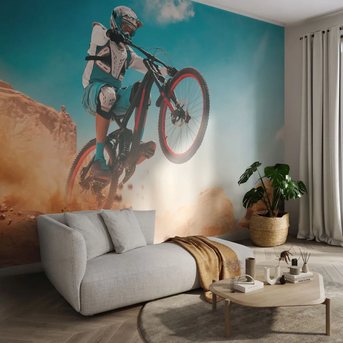 Fototapeta Standard Eco - Horský cyklista v akcii na pozadí púštnej krajiny - 100x70cm - Cyklistický démon šialenstva - Moderná nástenná dekorácia do obývacej izby a spálne ARTTOR