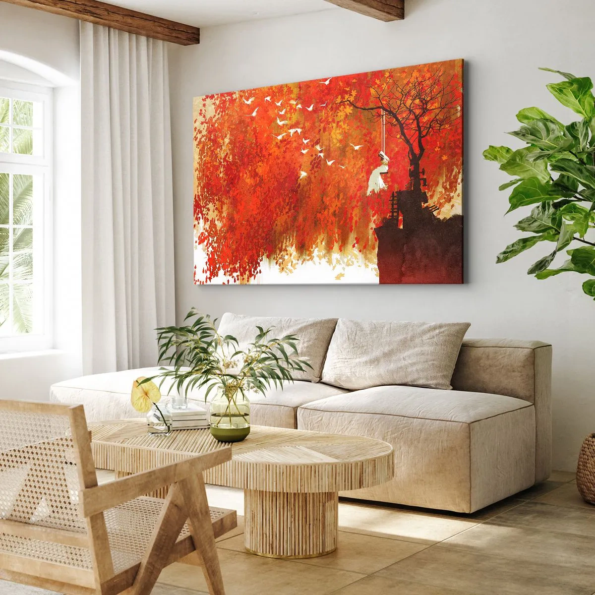 Obraz na plátne - Postava na hojdačke pri strome obklopenom červenými listami - 70x50cm - Poletí s nimi? - Moderná nástenná dekorácia do obývacej izby a spálne ARTTOR