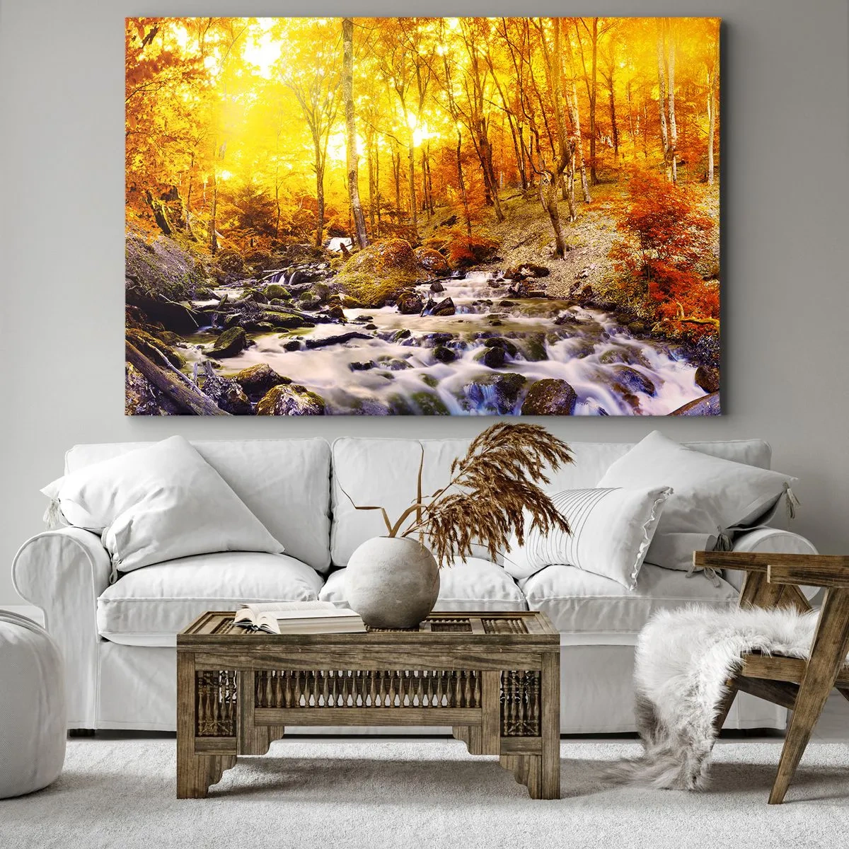 Obraz na plátne - Jesenný les s potokom medzi zlatými listami - 70x50cm - Kamene zasadené do zlata a platiny - Moderná nástenná dekorácia do obývacej izby a spálne ARTTOR