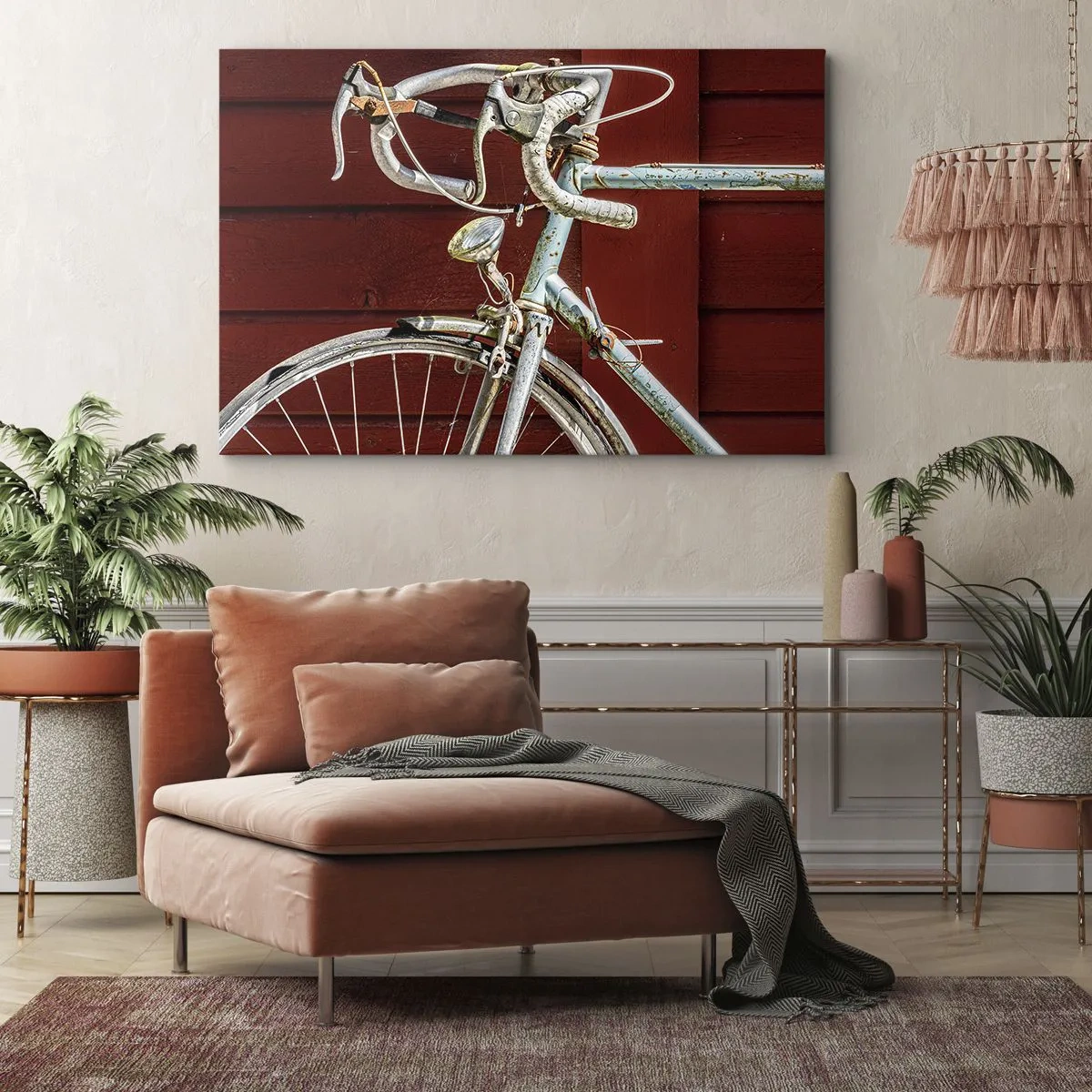 Obraz na plátne - Vintage bicykel oproti červenej drevenej stene - 70x50cm - Stvorený pre víťazstvo - Moderná nástenná dekorácia do obývacej izby a spálne ARTTOR