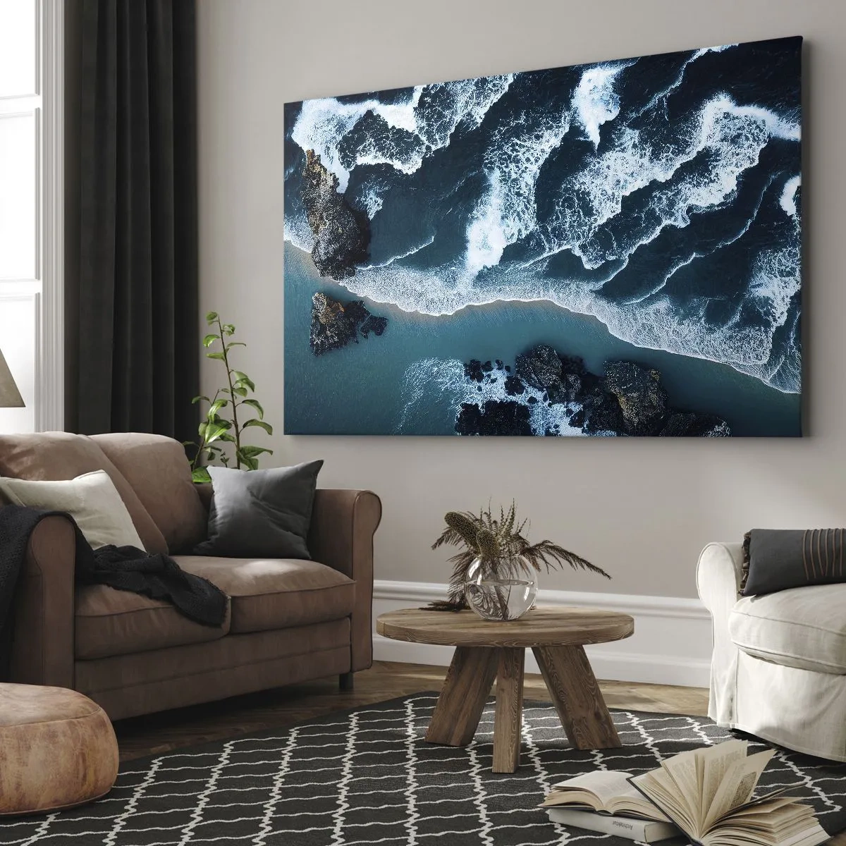Obraz na plátne - Letecký pohľad na vlny rozbíjajúce sa o breh - 70x50cm - Zahalené do vĺn - Moderná nástenná dekorácia do obývacej izby a spálne ARTTOR