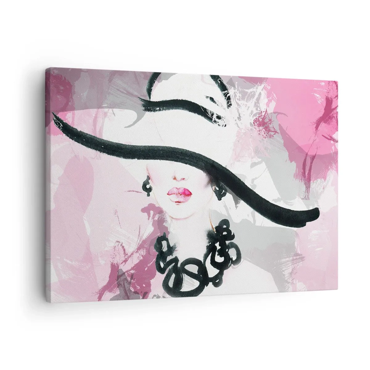 Obraz na plátne - Elegantná žena v klobúku na pozadí ružových abstrakcií. - 70x50cm - Portrét dámy v čiernej a ružovej - Moderná nástenná dekorácia do obývacej izby a spálne ARTTOR