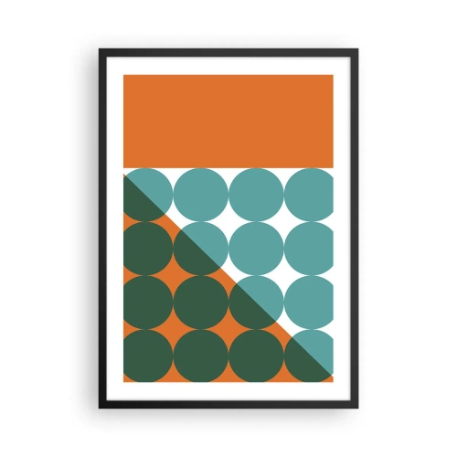 Plagát v čiernom ráme - Abstraktná geometrická kompozícia s kruhmi v odtieňoch oranžovej a zelenej. - 50x70cm - Hore a šikmo - Moderná nástenná dekorácia do obývacej izby a spálne ARTTOR