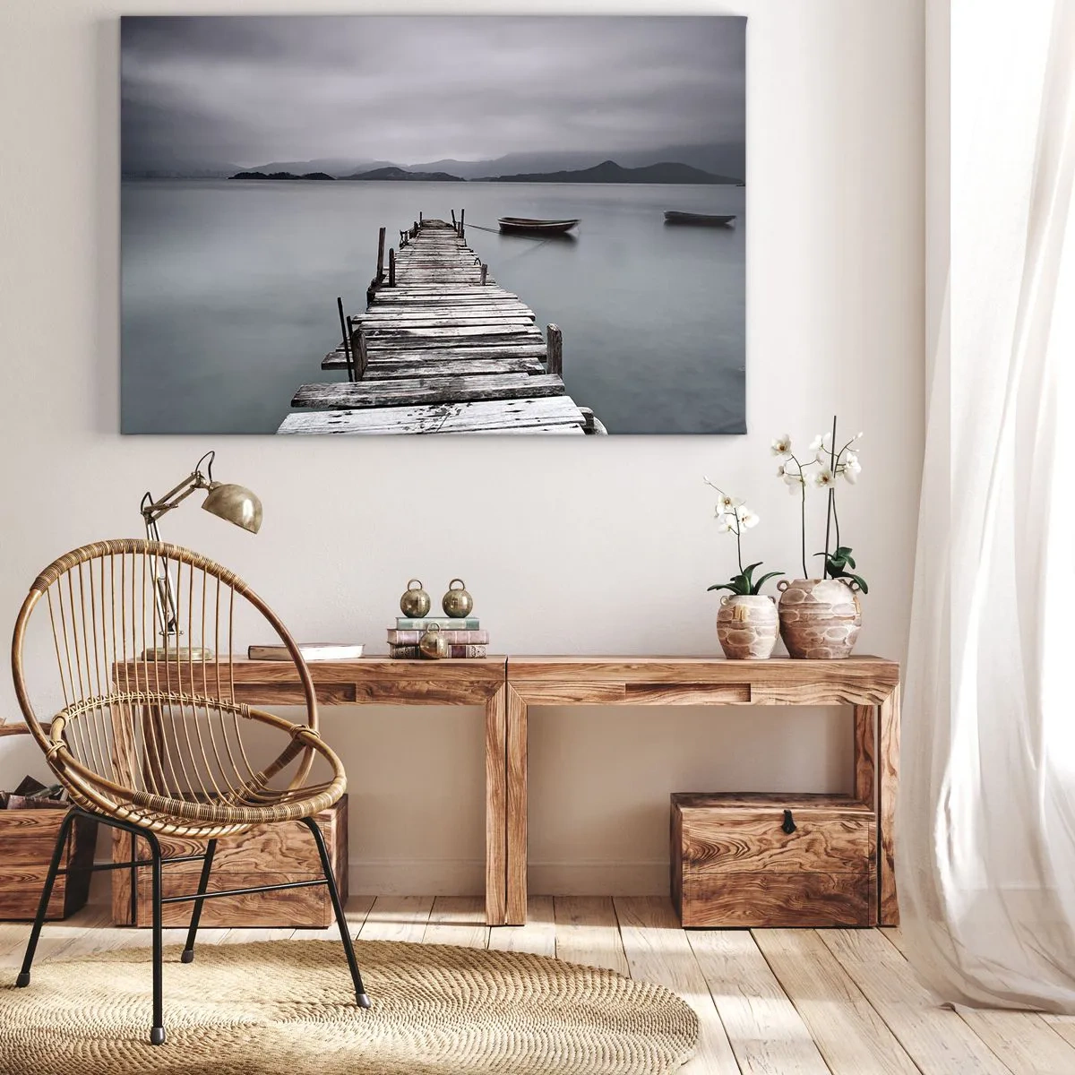 Obraz na plátne - Drevený most vedúci k pokojnej hladine jazera - 70x50cm - Zajtra môžeš vyraziť - Moderná nástenná dekorácia do obývacej izby a spálne ARTTOR