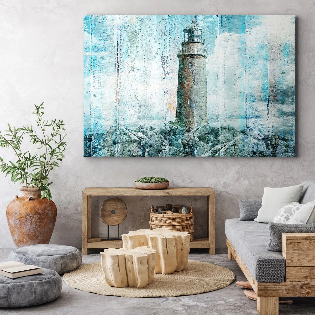 Obraz na plátne - Maják na skalnatom pobreží v pastelových farbách - 70x50cm - Na starom dreve - Moderná nástenná dekorácia do obývacej izby a spálne ARTTOR