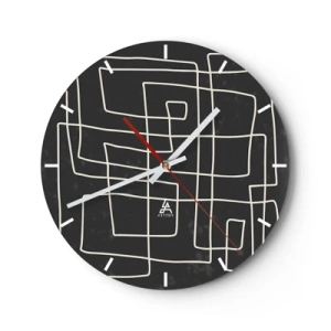 Nástenné hodiny - Biele geometrické čiary tvoriace zložitú mriežku na čiernom pozadí. - 30x30cm - Nie je to tak jednoduché - Moderná nástenná dekorácia do obývacej izby, kuchyne a spálne ARTTOR