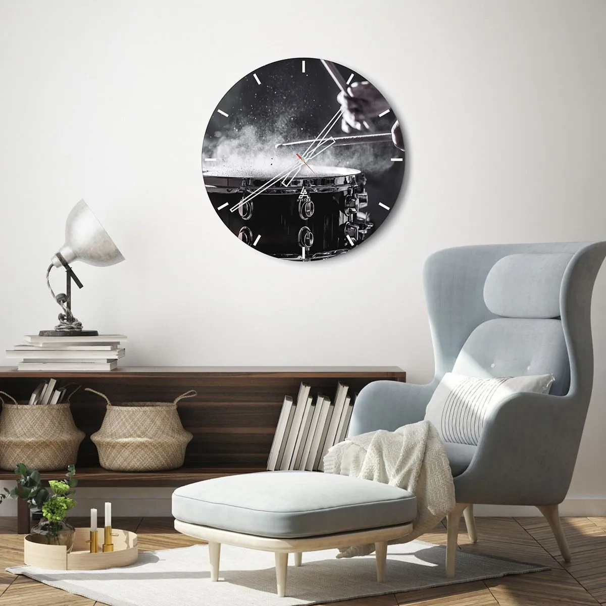 Nástenné hodiny - Bubny v akcii, s lietajúcim prachom, keď udierajú - 30x30cm - Pulz hudby - Moderná nástenná dekorácia do obývacej izby, kuchyne a spálne ARTTOR