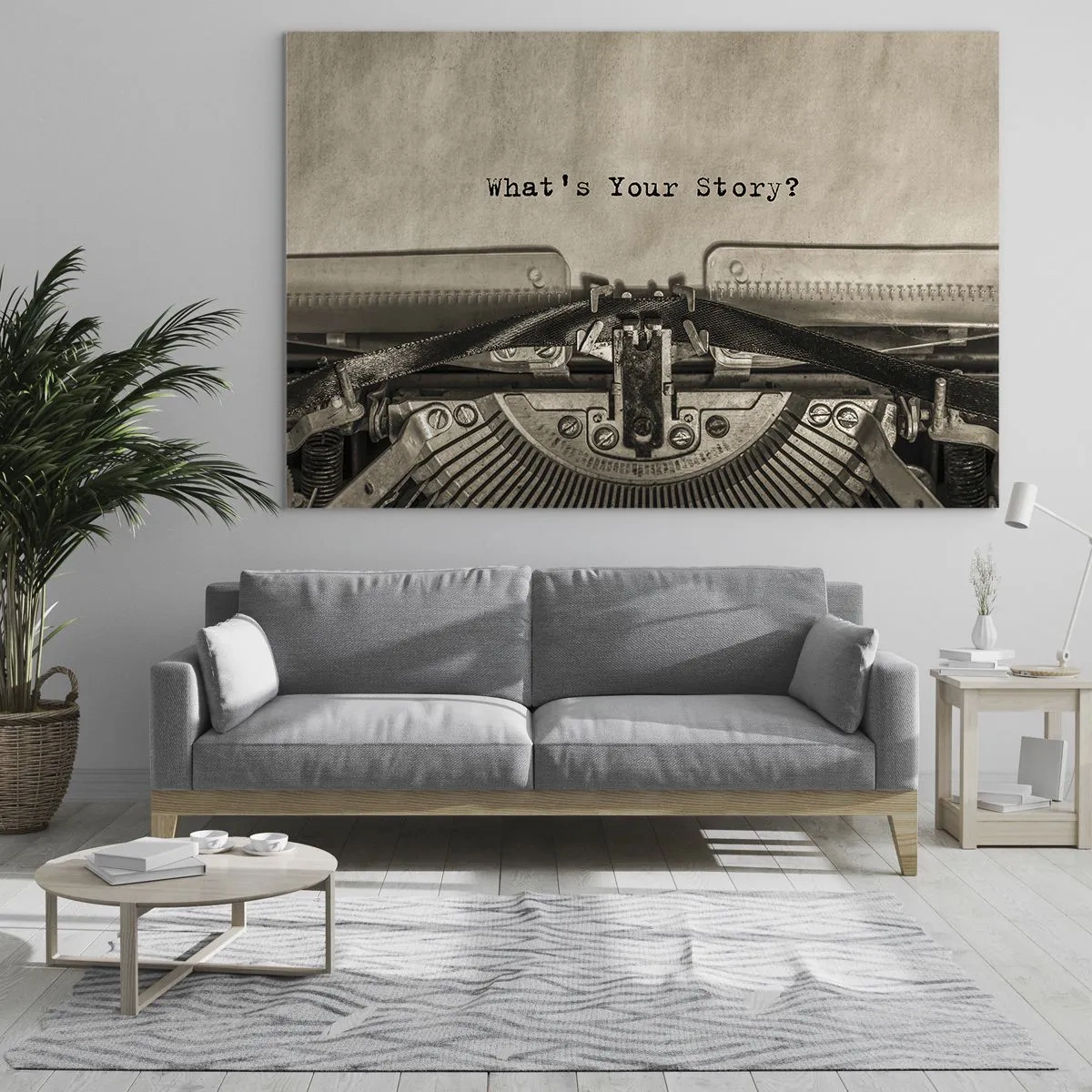 Obraz na skle - Detail písacieho stroja s textom „Aký je tvoj príbeh?“ - 70x50cm - Povedz mi - Moderná nástenná dekorácia do obývacej izby a spálne ARTTOR