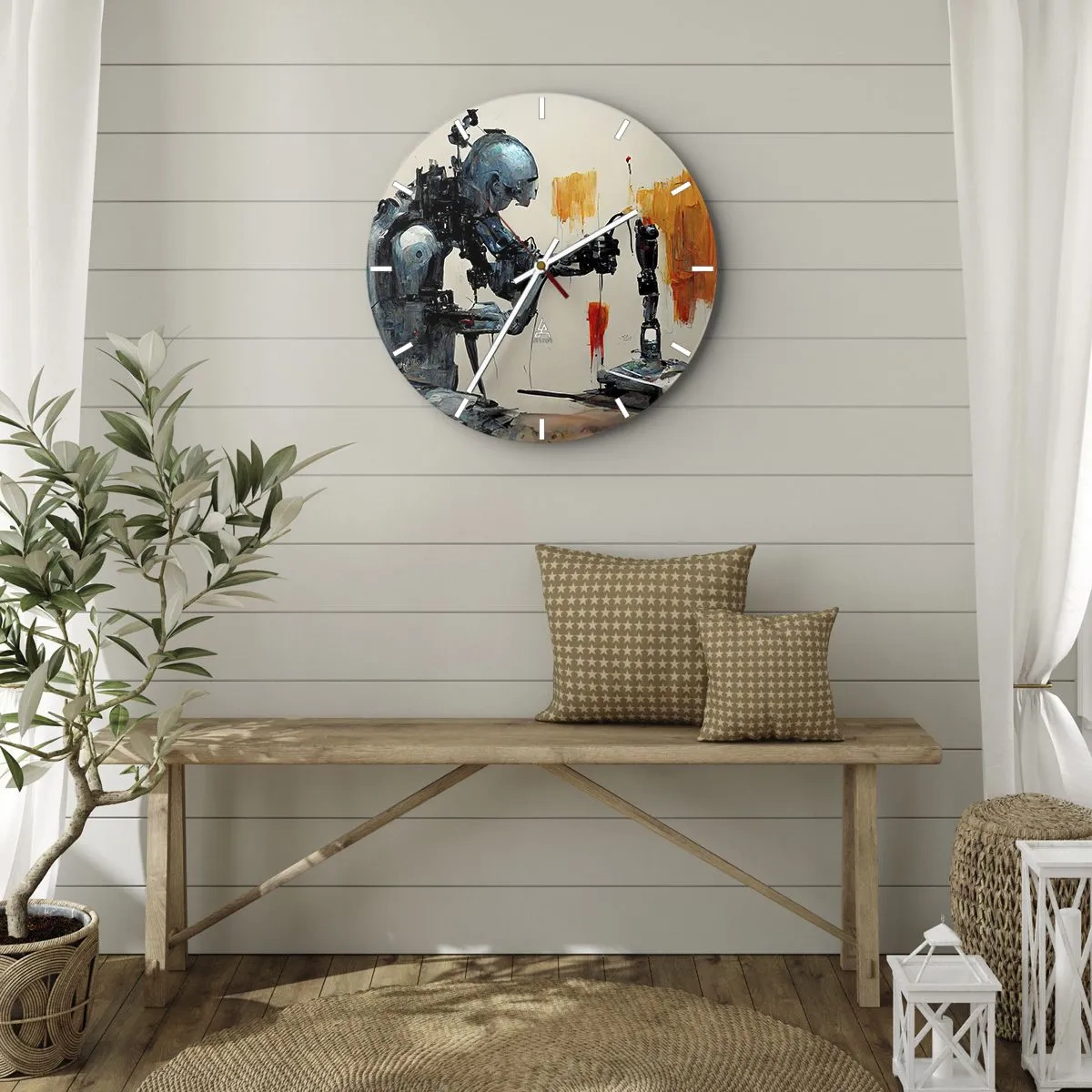 Nástenné hodiny - Humanoidný robot zostavujúci umelú končatinu - 30x30cm - Už zajtra… - Moderná nástenná dekorácia do obývacej izby, kuchyne a spálne ARTTOR