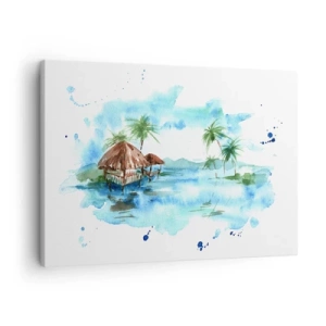 Obraz na plátne - Akvarelová maľba tropickej krajiny s domami a palmami - 70x50cm - Niekde v Pacifiku - Moderná nástenná dekorácia do obývacej izby a spálne ARTTOR