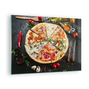 Obraz na skle - Pizza s rôznymi príchuťami s polevami na tmavom pozadí - 70x50cm - Vejár chutí - Moderná nástenná dekorácia do obývacej izby a spálne ARTTOR