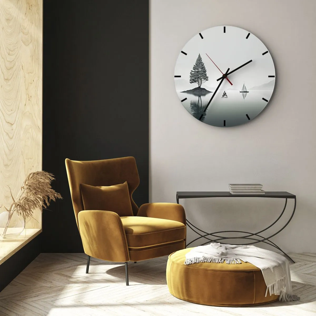 Nástenné hodiny - Minimalistická krajina s ostrovom, stromom a plachetnicou na vode. - 30x30cm - Snívanie - Moderná nástenná dekorácia do obývacej izby, kuchyne a spálne ARTTOR