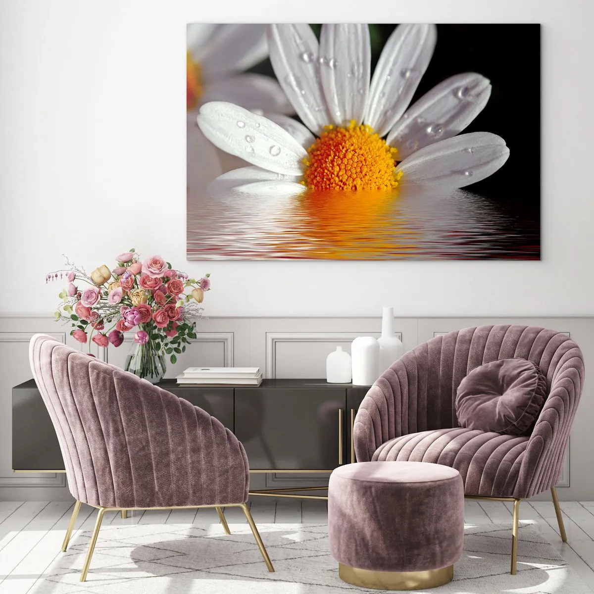 Obraz na skle - Vychádzajúce slnko sedmokrásky - 100x70 cm