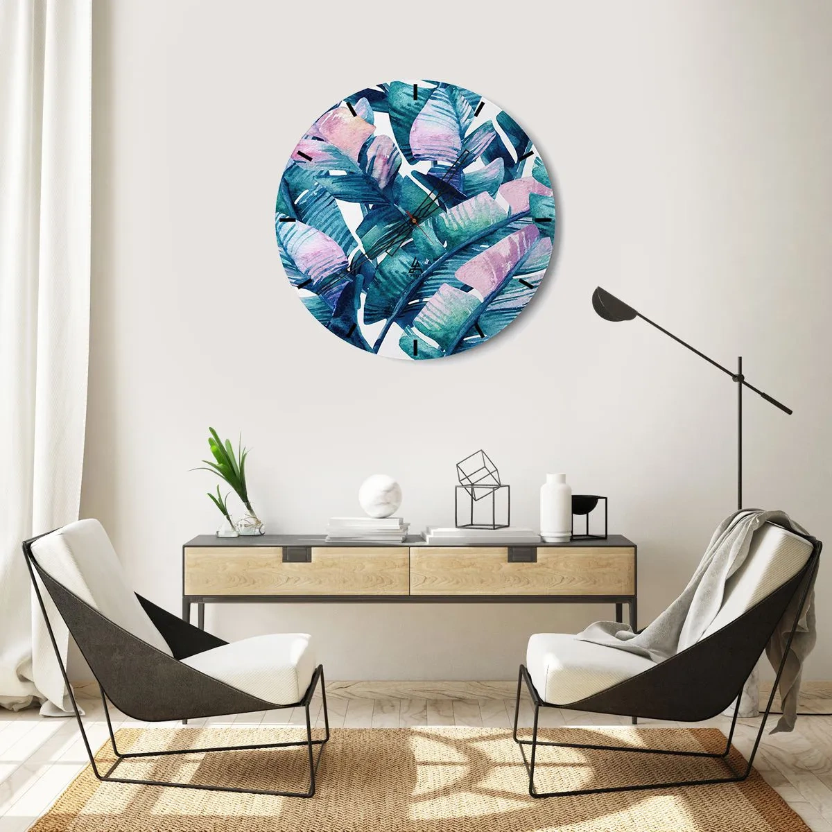 Nástenné hodiny - Tropické listy v odtieňoch zelenej a ružovej - 30x30cm - V banánovom háji - Moderná nástenná dekorácia do obývacej izby, kuchyne a spálne ARTTOR