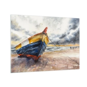 Obraz na skle - Farebná loď na pláži v zamračený deň - 70x50cm - Odpočinok na brehu - Moderná nástenná dekorácia do obývacej izby a spálne ARTTOR