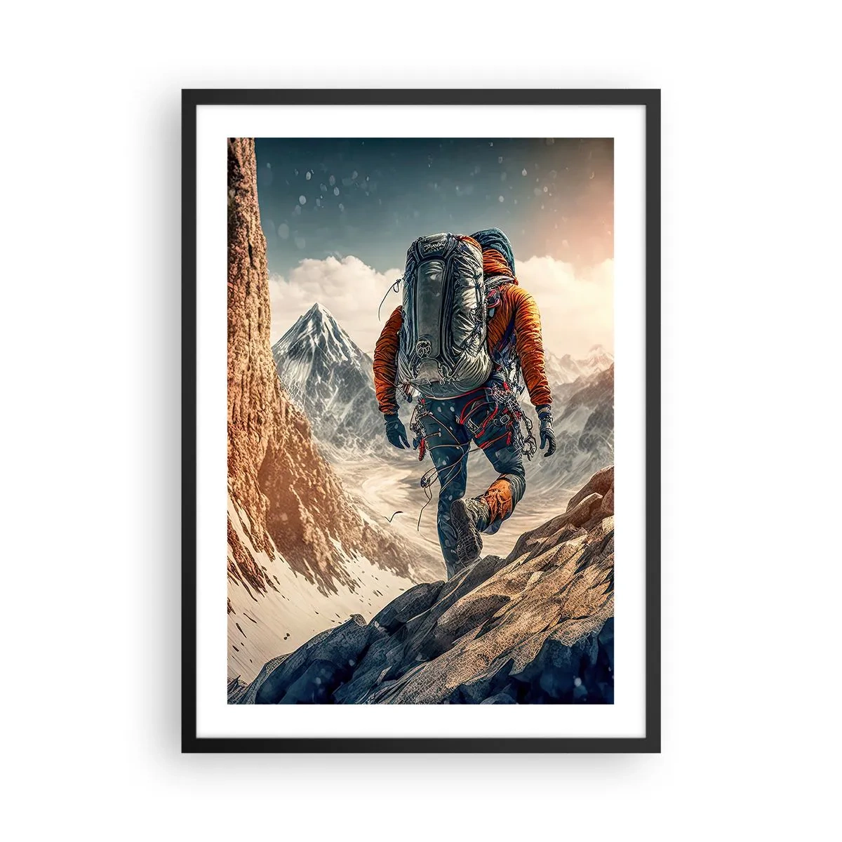 Plagát v čiernom ráme - Horolezectvo medzi majestátnymi vrcholmi - 50x70cm - Osamelý bojovník - Moderná nástenná dekorácia do obývacej izby a spálne ARTTOR