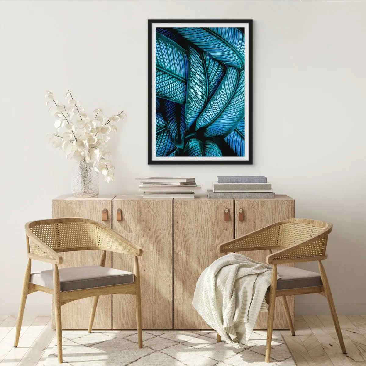 Plagát v čiernom ráme - Očarujúce modrozelené listy banánovníka - 50x70cm - Čiary života - Moderná nástenná dekorácia do obývacej izby a spálne ARTTOR