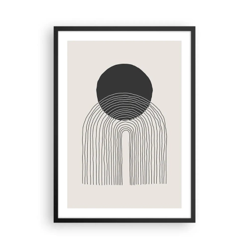 Plagát v čiernom ráme - Minimalistický čiernobiely motív kruhov a čiar - 50x70cm - Chvenie a istota - Moderná nástenná dekorácia do obývacej izby a spálne ARTTOR