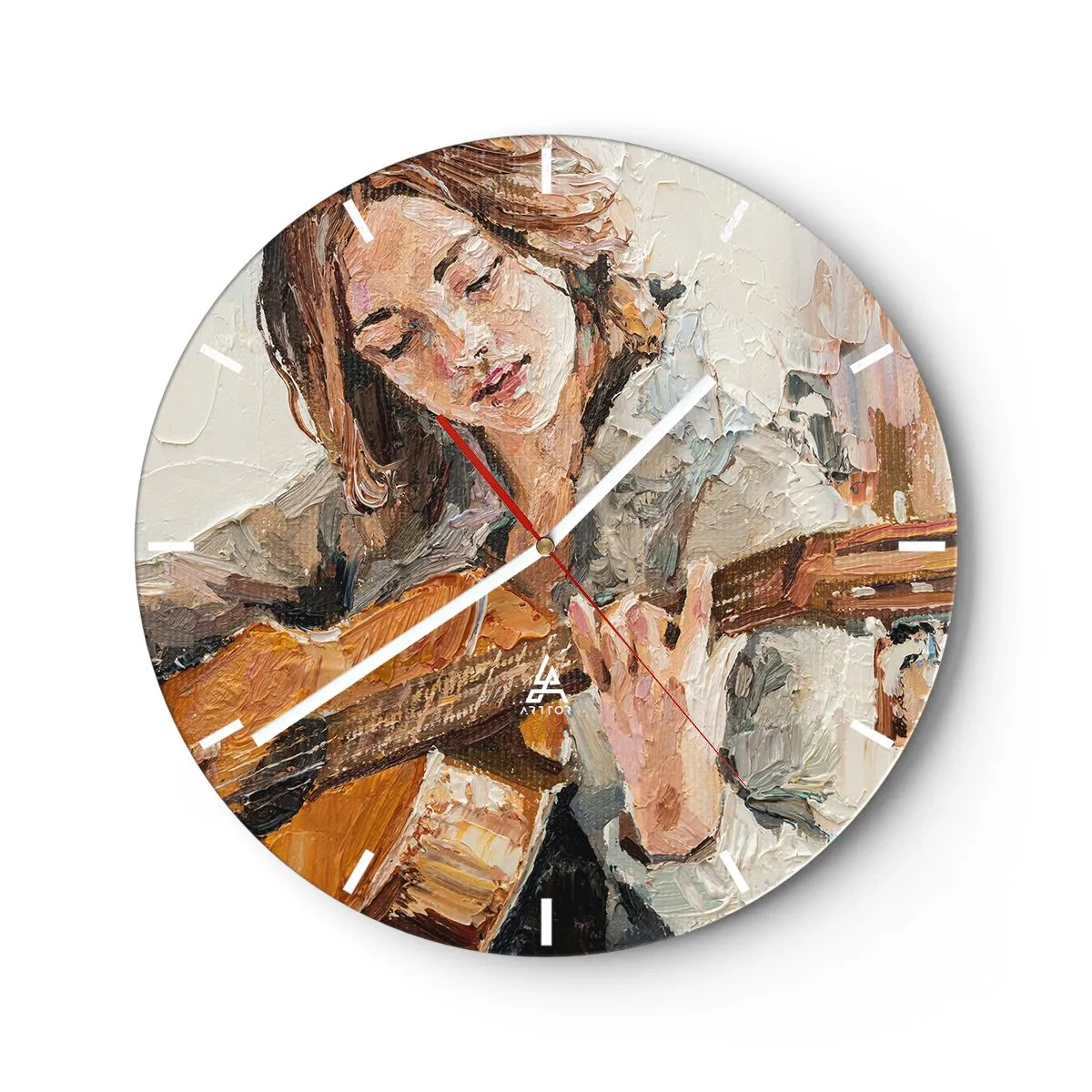 Nástenné hodiny - Portrét ženy hrajúcej na gitare v maliarskom štýle - 30x30cm - Koncert pre gitaru a dievčenské srdce - Moderná nástenná dekorácia do obývacej izby, kuchyne a spálne ARTTOR