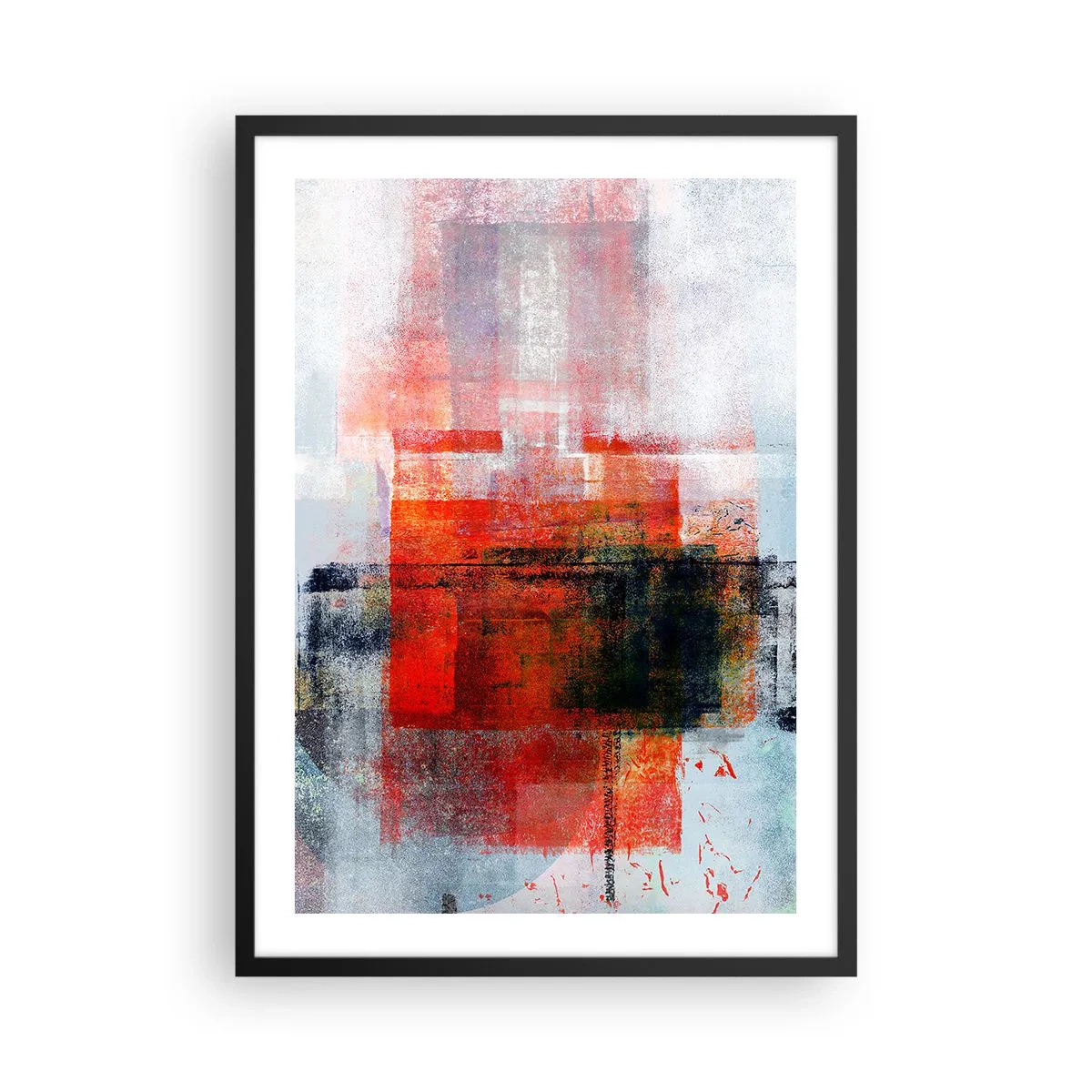 Plagát v čiernom ráme - Geometrická abstrakcia v intenzívnych odtieňoch červenej - 50x70cm - Žiariaca kompozícia - Moderná nástenná dekorácia do obývacej izby a spálne ARTTOR