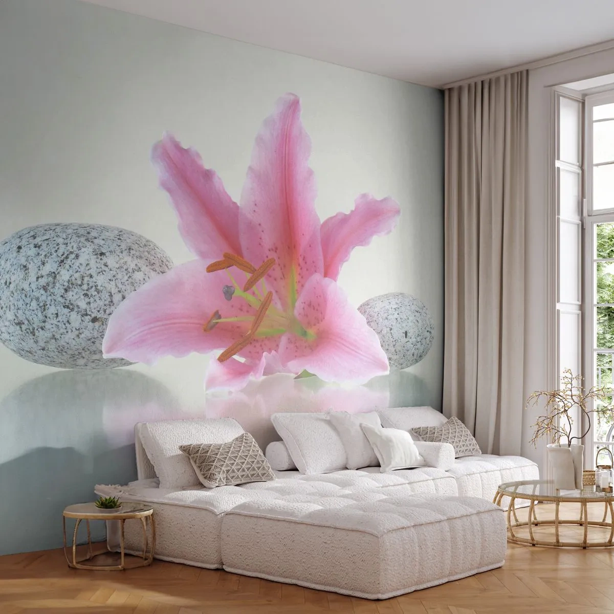 Fototapeta Premium Canvas - Štúdia v ružovej, šedej a bielej - Kvety, Lily, Kamene - 250x175 cm