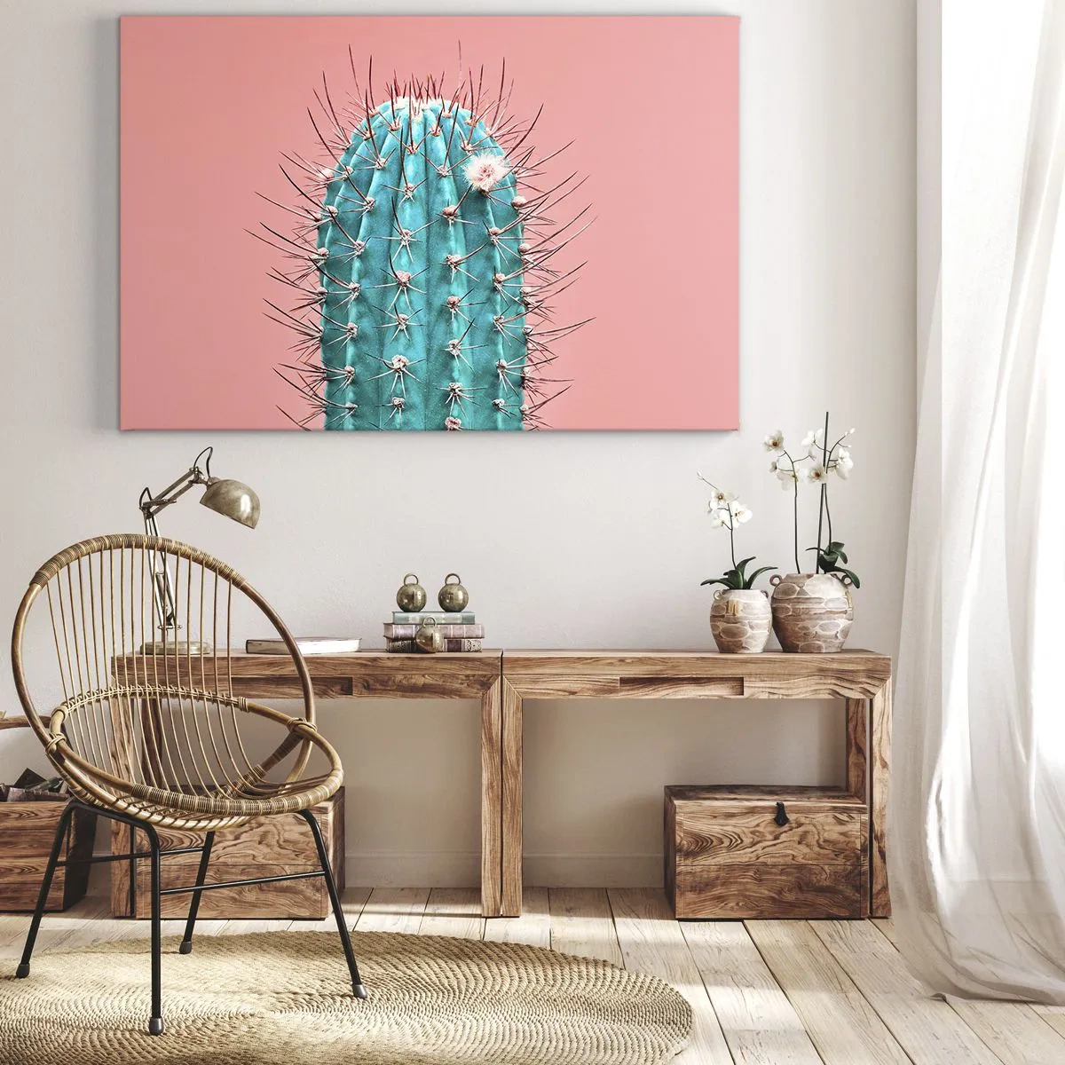 Obraz na plátne - Umelecký pohľad na kaktus na ružovom pozadí - 70x50cm - Len pozeraj - Moderná nástenná dekorácia do obývacej izby a spálne ARTTOR
