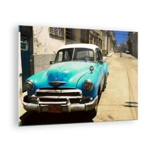 Obraz na skle - Veteránske modré auto na ulici na slnku - 70x50cm - Evviva Cuba! - Moderná nástenná dekorácia do obývacej izby a spálne ARTTOR