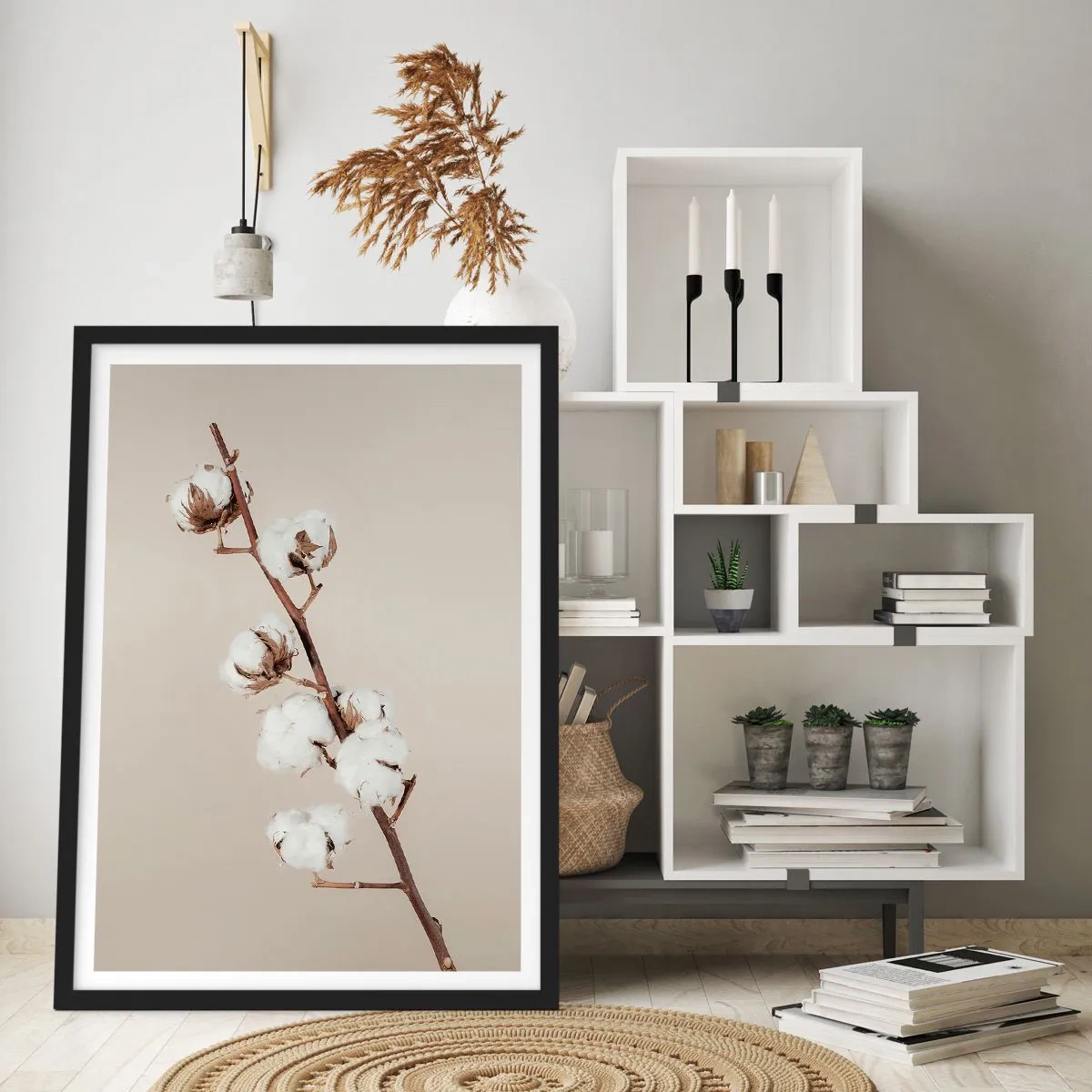 Plagát v čiernom ráme - Vetvička bavlny na béžovom pozadí v minimalistickom štýle - 50x70cm - Pri zdroji mäkkosti - Moderná nástenná dekorácia do obývacej izby a spálne ARTTOR