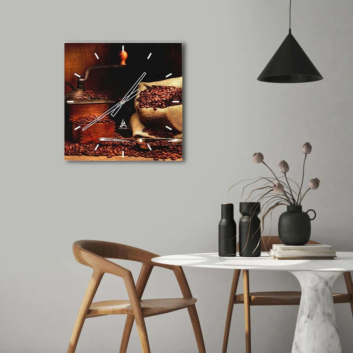 Nástenné hodiny - Zátišie so zrnkami kávy a mlynčekom - 40x40 cm