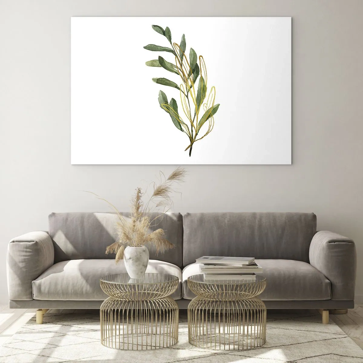 Obraz na skle - Zelená vetvička s jemným zlatým akcentom - 70x50cm - Všetko, čo je dobré - Moderná nástenná dekorácia do obývacej izby a spálne ARTTOR