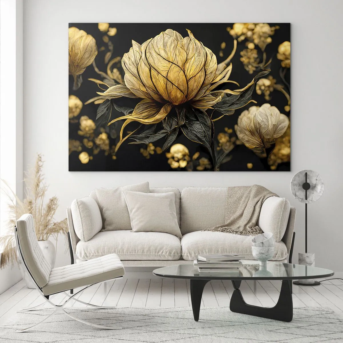 Obraz na skle - Zlaté kvety na čiernom pozadí v elegantnej kompozícii - 70x50cm - Jemná krehkosť - Moderná nástenná dekorácia do obývacej izby a spálne ARTTOR