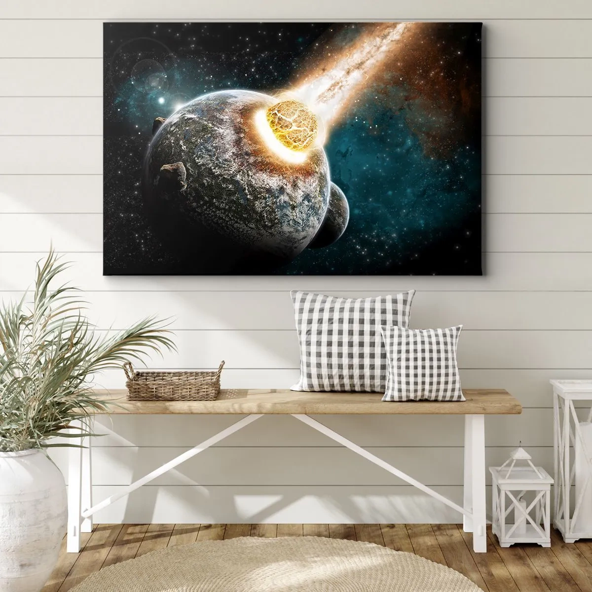 Obraz na plátne - Kozmická zrážka planéty s asteroidom v blízkosti galaxie. - 70x50cm - Skaza alebo narodenie? - Moderná nástenná dekorácia do obývacej izby a spálne ARTTOR