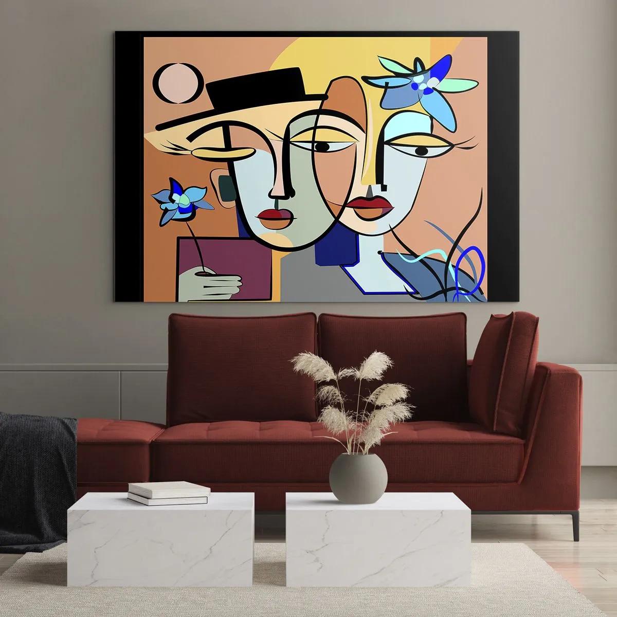 Obraz na skle - Farebné tváre v kubistickom štýle s kvetmi - 70x50cm - Picassovo randez vous - Moderná nástenná dekorácia do obývacej izby a spálne ARTTOR