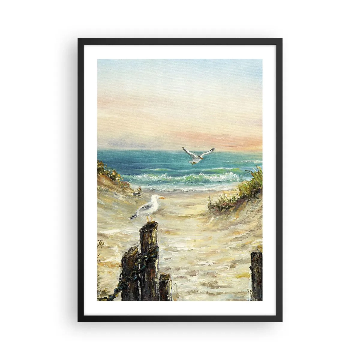 Plagát v čiernom ráme - Pláž s čajkami a vlnami pri západe slnka - 50x70cm - Bezvetrie a samota - Moderná nástenná dekorácia do obývacej izby a spálne ARTTOR