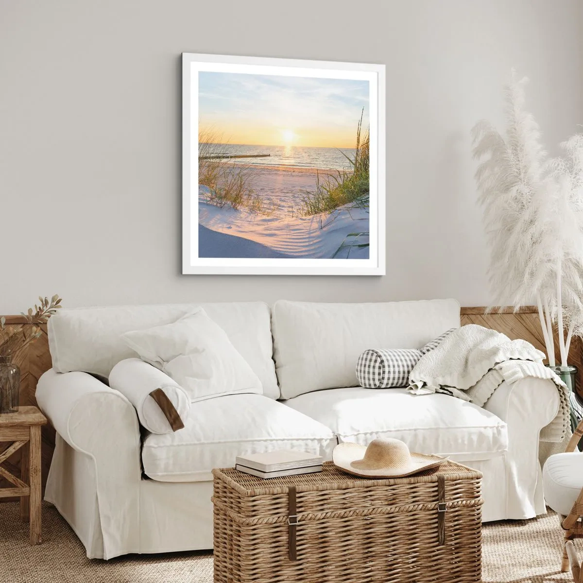 Plagát v bielom ráme - Šumenie mora, spev vtákov, divoká pláž uprostred trávy… - 60x60 cm