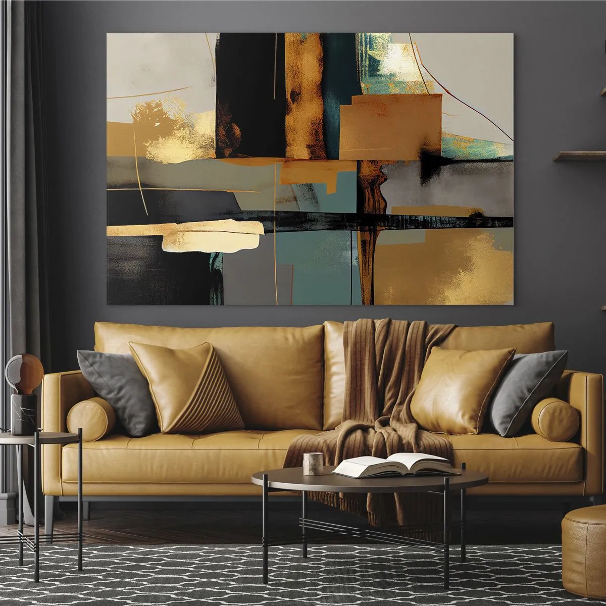 Obraz na skle - Moderná abstrakcia s kontrastnou zlatou, čiernou a tyrkysovou - 70x50cm - Abstrakcia – svetlo a tieň - Moderná nástenná dekorácia do obývacej izby a spálne ARTTOR