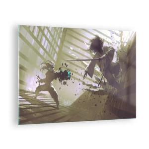 Obraz na skle - Samurajský súboj v dynamickej scéne - 70x50cm - Aj ty môžeš byť samurajom - Moderná nástenná dekorácia do obývacej izby a spálne ARTTOR