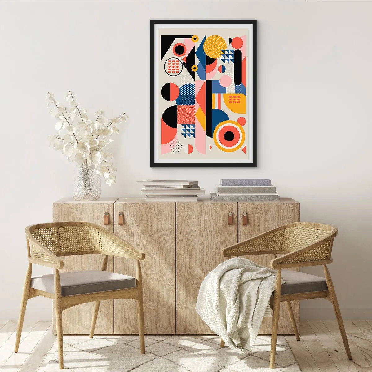Plagát v čiernom ráme - Farebná geometrická abstrakcia s dynamickými tvarmi - 50x70cm - Kompozícia: poďme sa hrať - Moderná nástenná dekorácia do obývacej izby a spálne ARTTOR