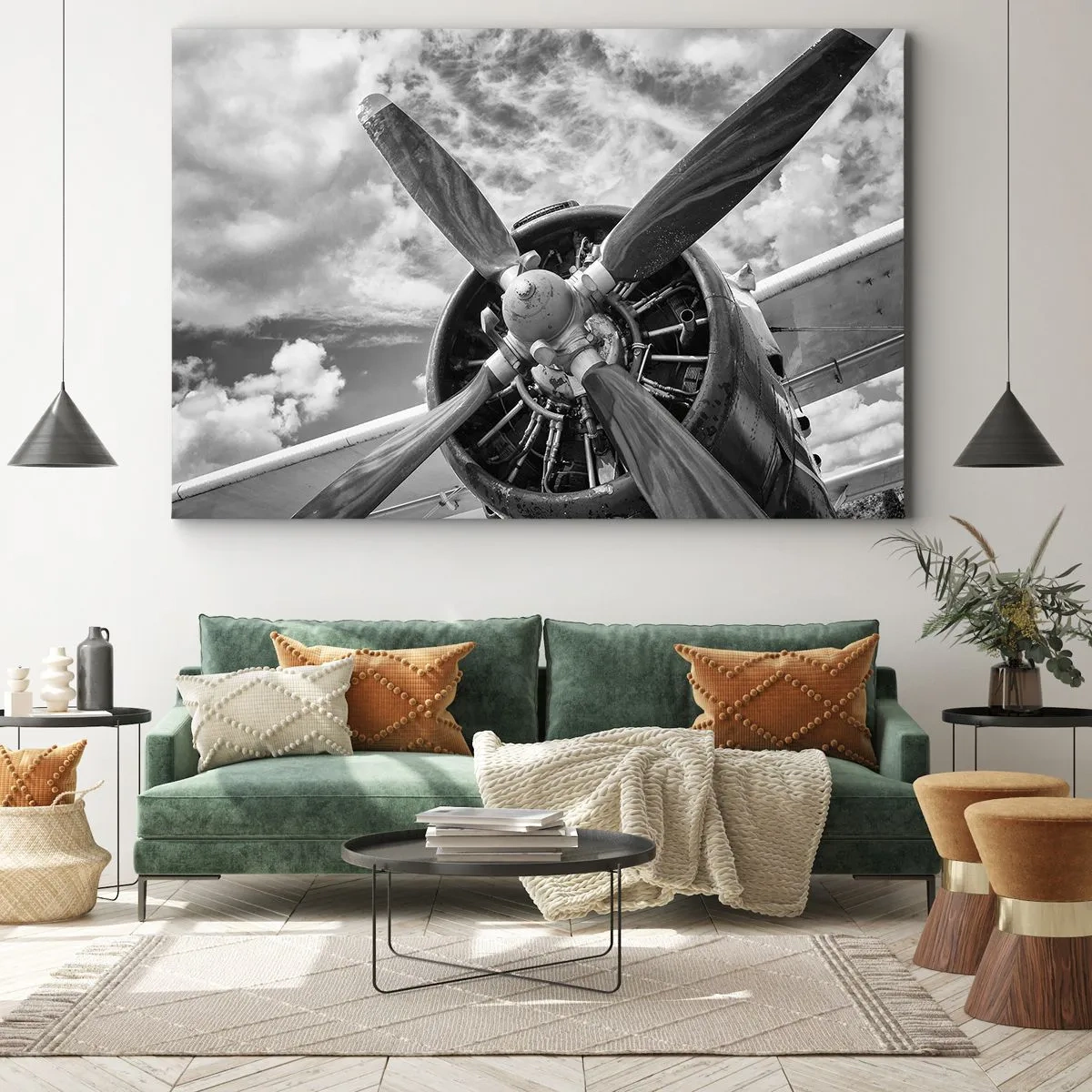 Obraz na plátne - Čiernobiela fotografia vrtule lietadla na pozadí dynamickej oblohy. - 70x50cm - Dobyvateľ oblohy - Moderná nástenná dekorácia do obývacej izby a spálne ARTTOR