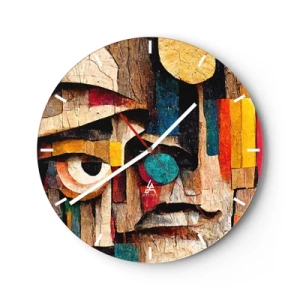 Nástenné hodiny - Farebná tvár v štýle drevenej mozaiky vyrobenej z geometrických tvarov - 30x30cm - Vidím ťa… - Moderná nástenná dekorácia do obývacej izby, kuchyne a spálne ARTTOR