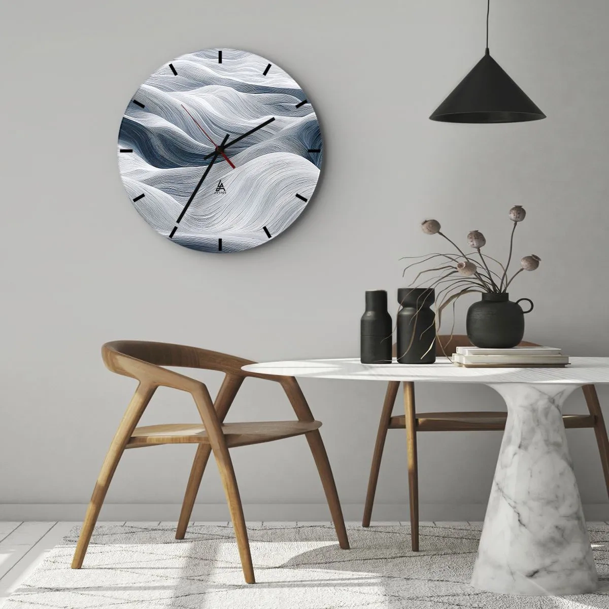Nástenné hodiny - Grafické, vlnité čiary v bielych a modrých tónoch - 30x30cm - Biele a modré vlny - Moderná nástenná dekorácia do obývacej izby, kuchyne a spálne ARTTOR