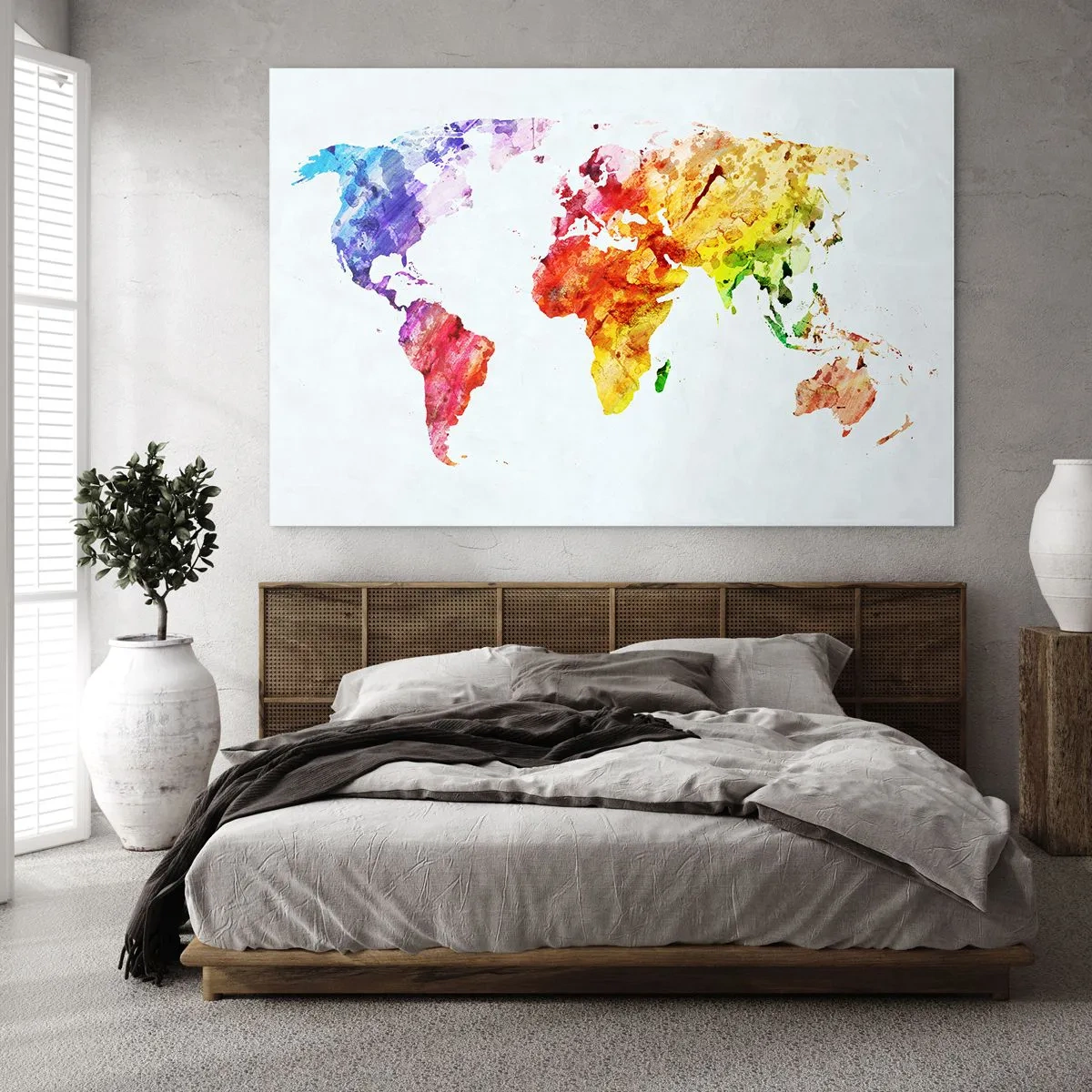 Obraz na skle - Akvarelová mapa sveta v jasných farbách - 70x50cm - Všetky farby sveta - Moderná nástenná dekorácia do obývacej izby a spálne ARTTOR