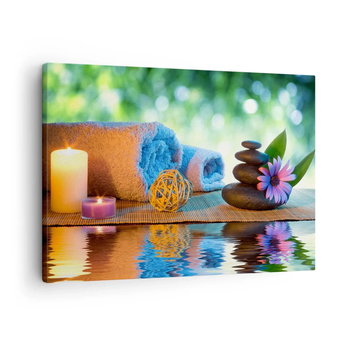 Obraz na plátne - Relaxačná kúpeľná súprava s uterákmi, sviečkami a kameňmi - 70x50cm - Čas pre telo - Moderná nástenná dekorácia do obývacej izby a spálne ARTTOR