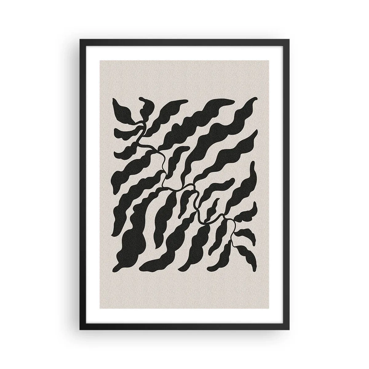Plagát v čiernom ráme - Abstraktná rastlinná kompozícia v čiernej farbe na béžovom pozadí - 50x70cm - Povaha štvorca - Moderná nástenná dekorácia do obývacej izby a spálne ARTTOR