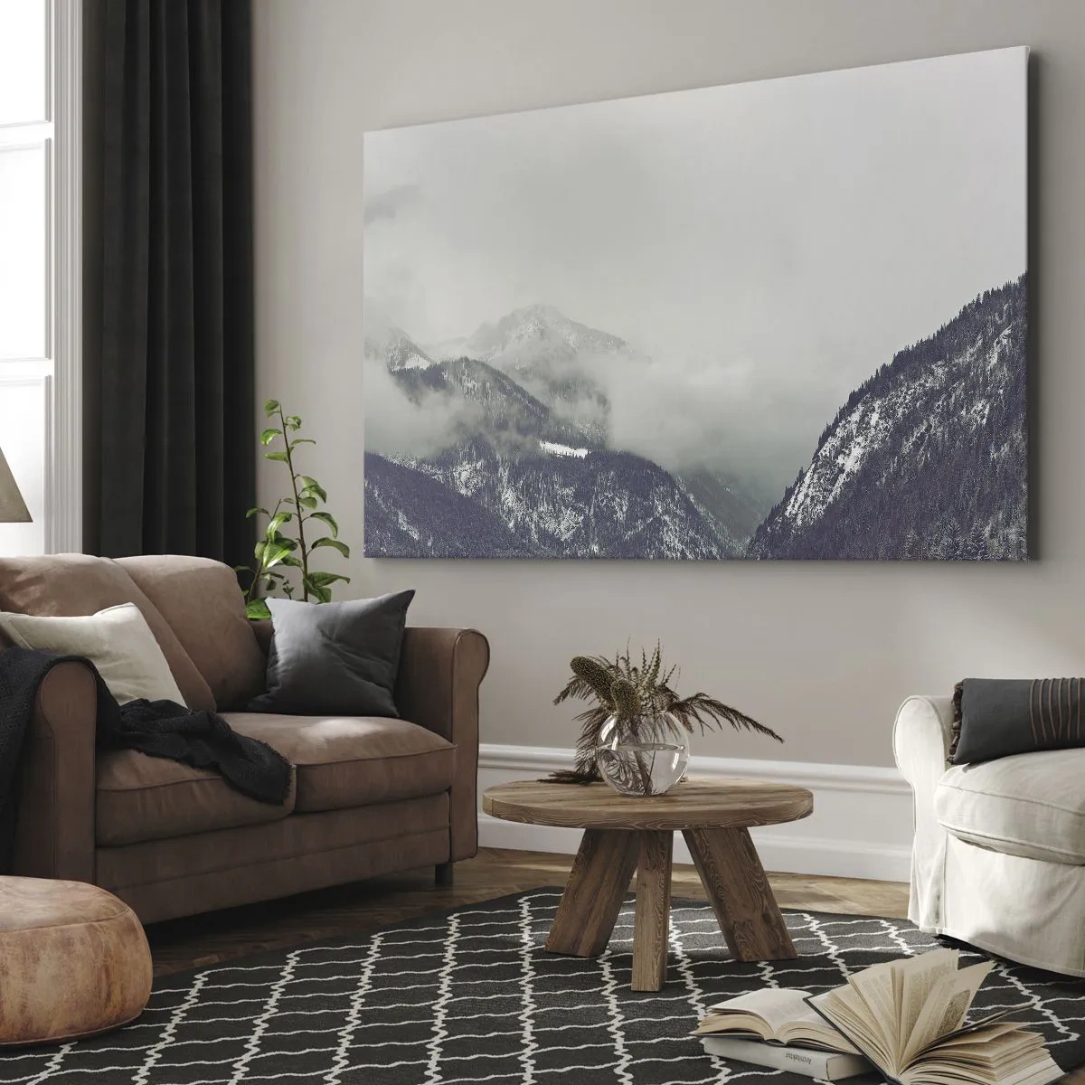 Obraz na plátne - Horské údolie zahalené v hmle v odtieňoch sivej - 70x50cm - Zahmlené údolie - Moderná nástenná dekorácia do obývacej izby a spálne ARTTOR