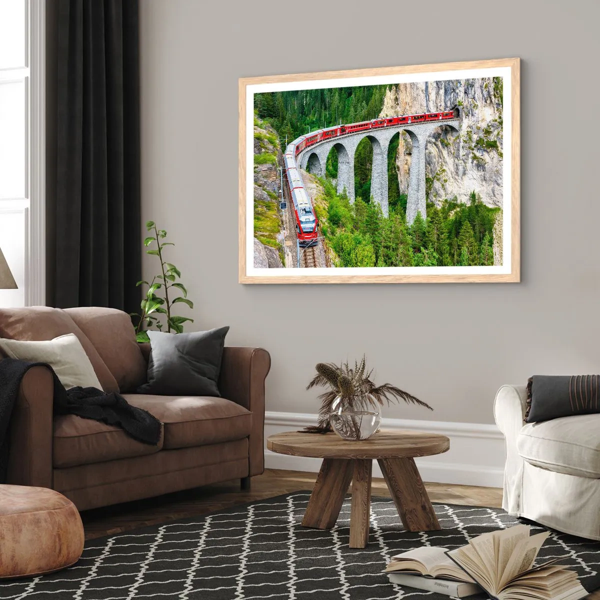 Plagát v ráme zo svetlého duba - Horský výhľad priamo z vlaku - 50x40 cm