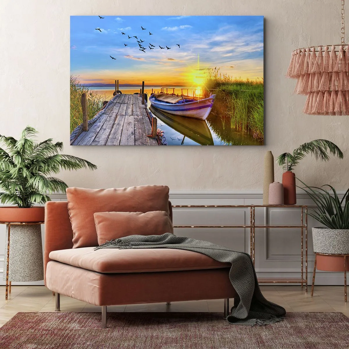 Obraz na plátne - Loď na drevenom móle pri západe slnka - 70x50cm - Dovidenia, do zajtrajška - Moderná nástenná dekorácia do obývacej izby a spálne ARTTOR