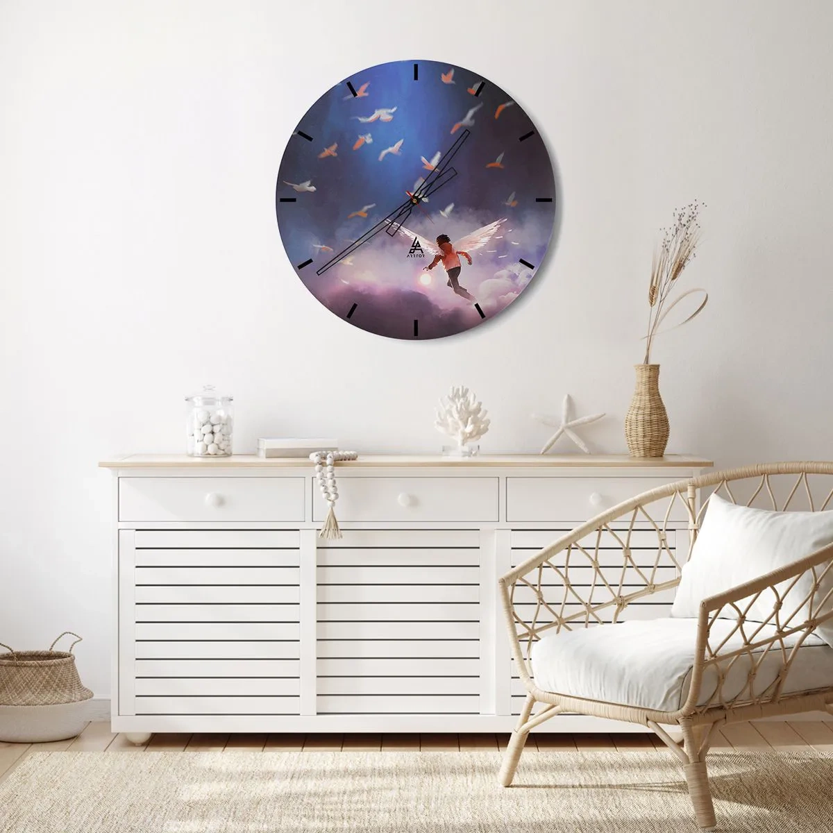 Nástenné hodiny - Postava s anjelskými krídlami medzi vtákmi na pozadí oblohy - 30x30cm - Treba mať odvahu a predstavivosť - Moderná nástenná dekorácia do obývacej izby, kuchyne a spálne ARTTOR