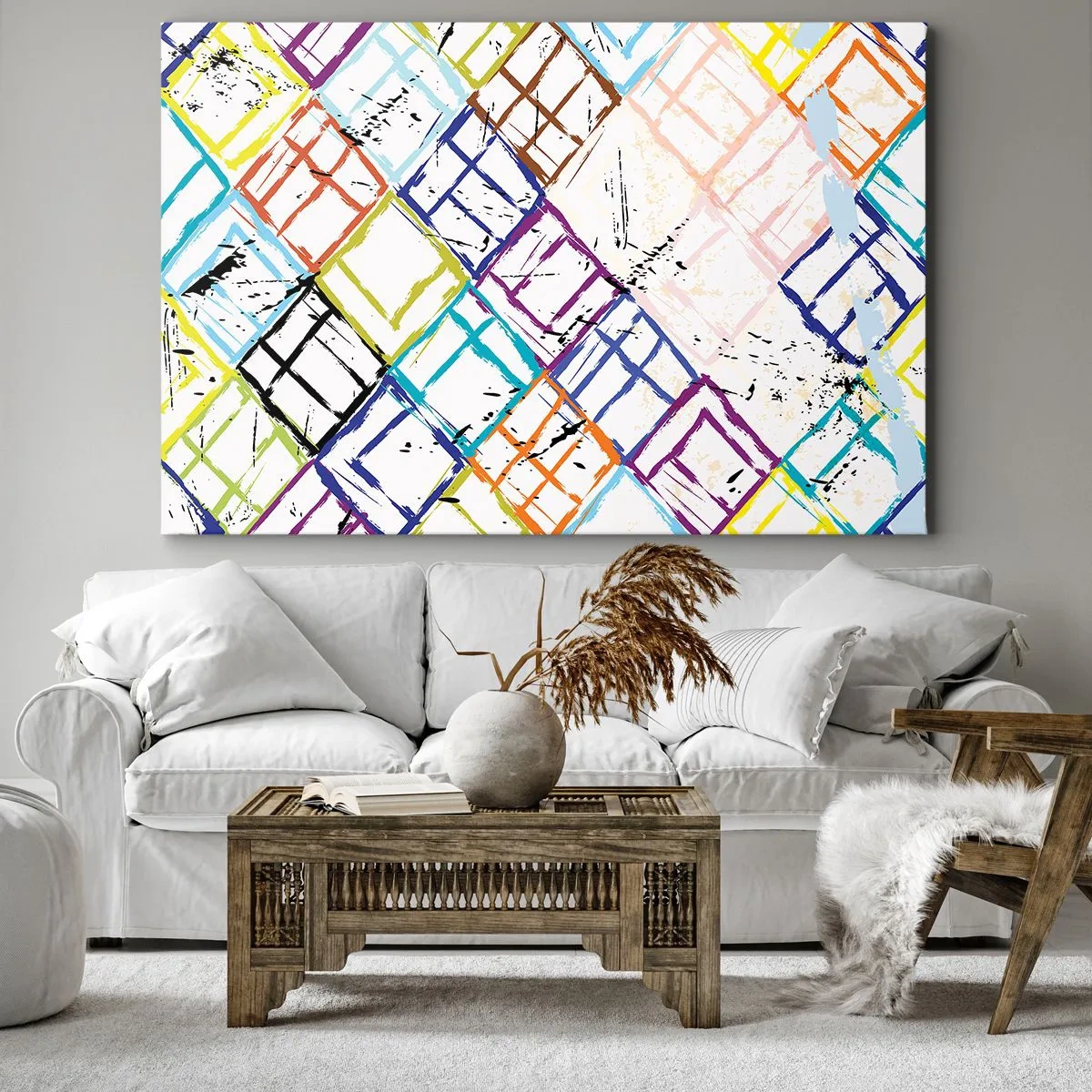 Obraz na plátne - Farebná abstrakcia s geometrickými tvarmi na bielom pozadí - 70x50cm - Bunky na prenájom - Moderná nástenná dekorácia do obývacej izby a spálne ARTTOR