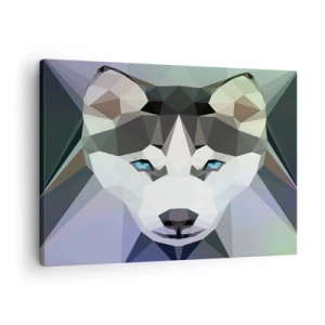 Obraz na plátne - Geometrický vlk s výraznými modrými očami - 70x50cm - Spomienka na sneh na severe - Moderná nástenná dekorácia do obývacej izby a spálne ARTTOR